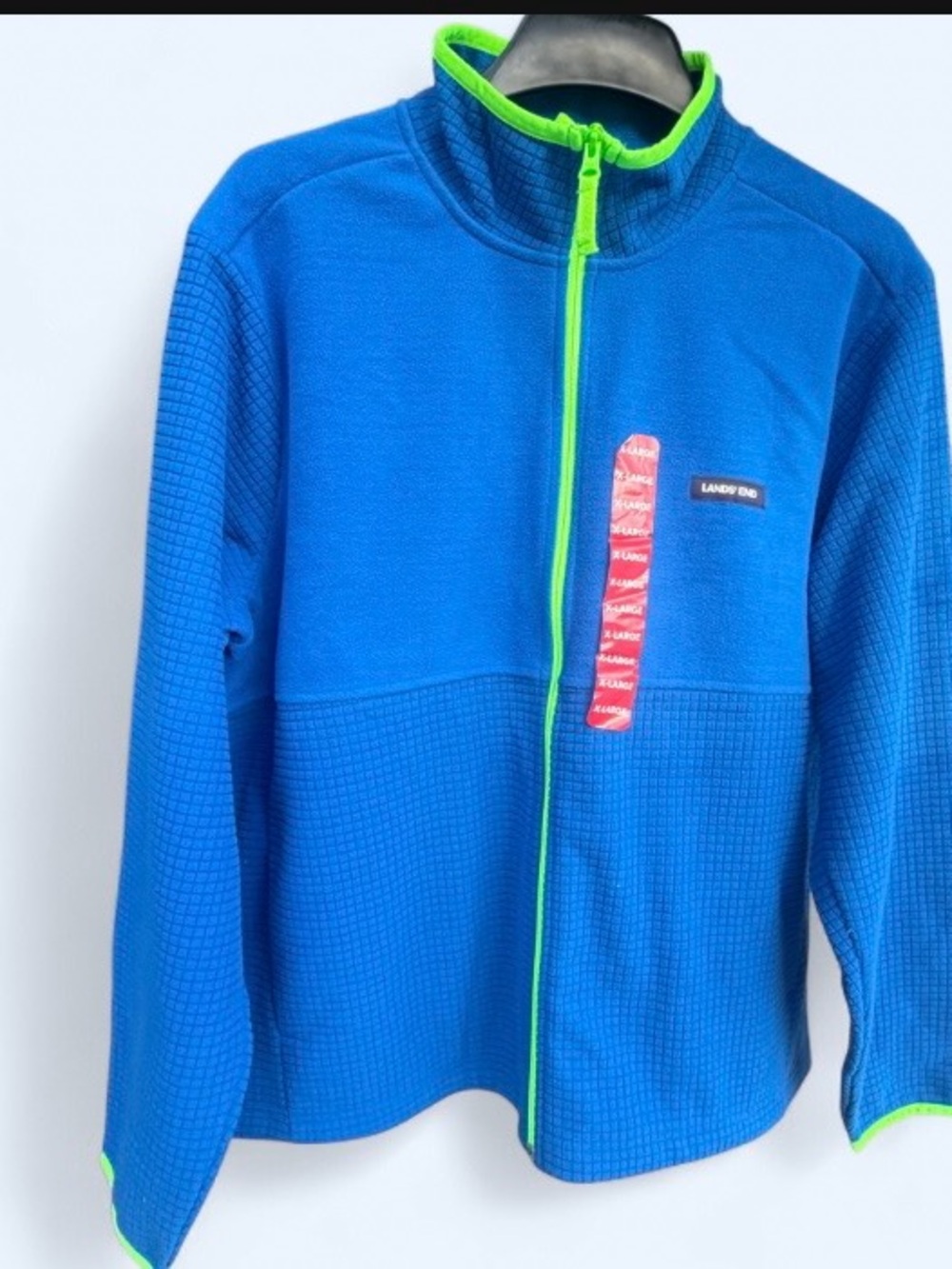 NWT Lands' End mens ' Blue Full-Zip Fleece Jacket with Lime Trim size XL